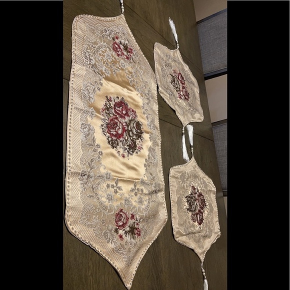 Three Piece Accent Table Cover / Runner Embroidered Red Gold Brown Holiday Eid